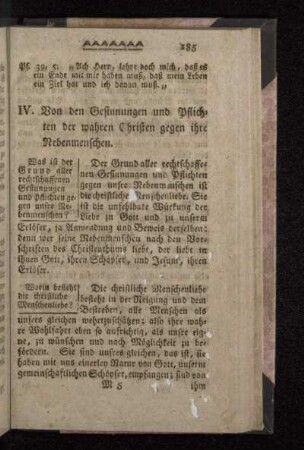 IV. Von den Gesinnungen und Pflichten der wahren Christen gegen ihre Nebenmenschen.