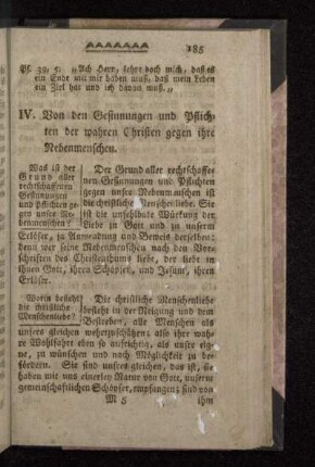 IV. Von den Gesinnungen und Pflichten der wahren Christen gegen ihre Nebenmenschen.