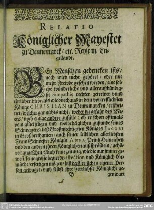 Relatio Königlicher Mayestet zu Dennemarck, etc. Reyse in Engellandt