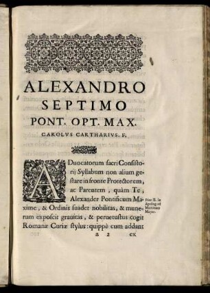 Alexandro Septimo pont. opt. max. Carolvs Cartharivs. F.