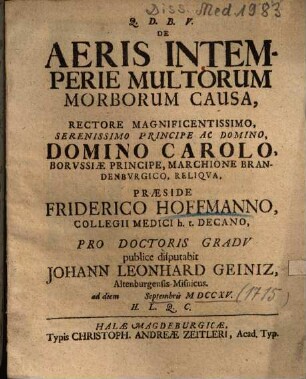 De Aeris Intemperie Multorum Morborum Causa