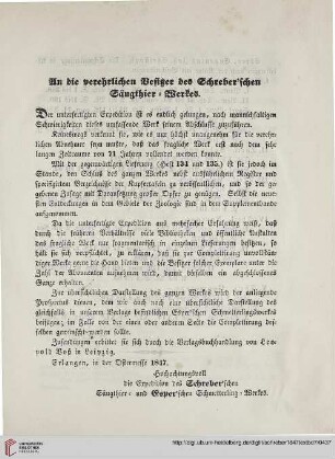 An die verehrlichen Besitzer des Schreber'schen Säugthier-Werkes