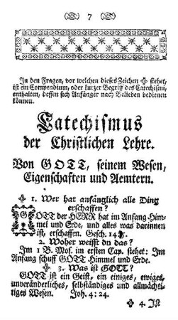 Zweytens, Catechismus Christlicher Lehre, Von GOTT, seinem Wesen, Eigenschaften und Aemtern