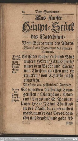 Das fünffte Häupt-Stück des Catechismi, Vom Sacramet des Altars