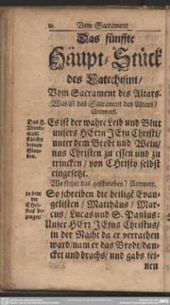 Das fünffte Häupt-Stück des Catechismi, Vom Sacramet des Altars