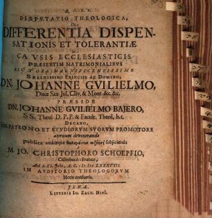 Disp. theol. de differentia dispensationis et tolerantiae in causis ecclesiasticis, praesertim matrimonialibus