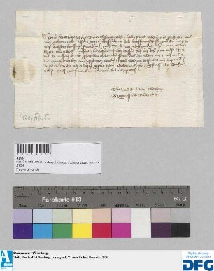 Eberhard Rude von Kollenberg, Burggraf zu Miltenberg, sagt der Nürnberger Kaufmannschaft zu Frankfurter Fastenmesse sicheres Geleit zu.