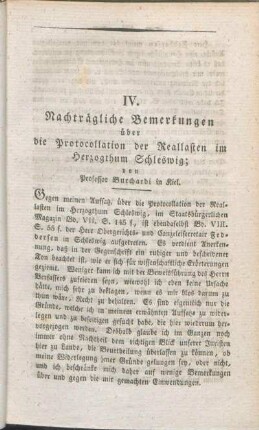 IV. Nachträgliche Bemerkungen über die Protocollation der Reallasten im Herzogthum Schleswig; von Professor Burchardi in Kiel.