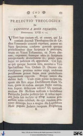 V. Praelectio Theologica de Propheta a Mose promisso Deuter. XVIII. 15.