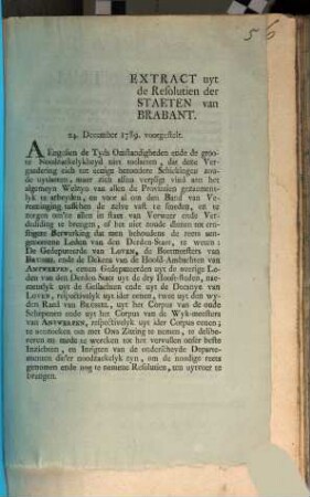Extract uyt de Resolutien der Staeten van Brabant