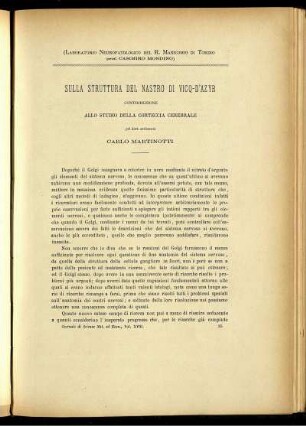 Sulla Struttura Del Nastro Di Vicq-D' Azyr Contribuzione Allo Studio Della Corteccia Cerebrale