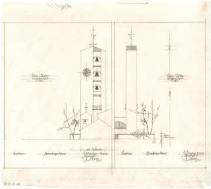Gsaenger, Gustav; München - Obermenzing, Grünspechtstr. 13; Ev. Notkirche, Bethlehems Kirche, Pfarrhaus - Turm, West - u. Südseite (Ansichten)