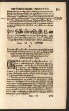 Zwo Schrifften D. M. L. an Hertzog Johans Churfürsten zu Sachsen ...