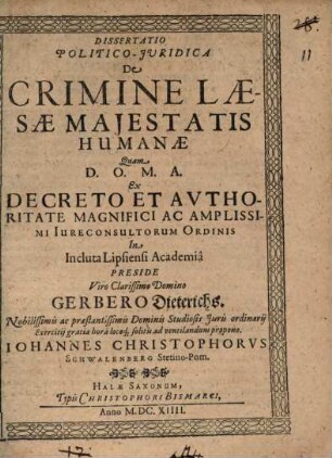 Dissertatio politico-iuridica de crimine laesae Maiestatis humanae