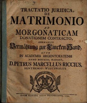 Tractatio iur. de matrimonio ad morgonaticam