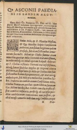 Quinti Asconii Paediani In Eandem Argumentum