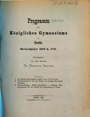 Programm des Königlichen Gymnasiums in Conitz : Schuljahr ..., 1874/75