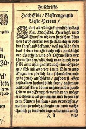 Zuschrifft. HochEdle, gestrenge und Beste Herren