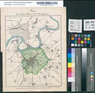 Plan der Stadt Neuss nebst Umgebung [mit Düsseldorf, Üdesheim, Kaarst, Lüttenglehn]. Angefertigt im Stadtvermessungsamt