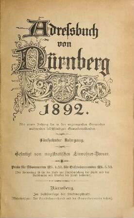 Adreßbuch von Nürnberg. 1892 = Jg. 15