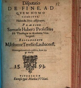 Disputatio de fine, ad quem homo conditus