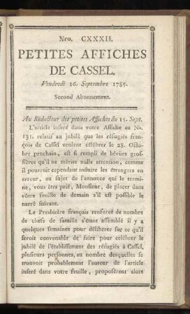 No CXXXII (Vendredi 16. Septtembre 1785)