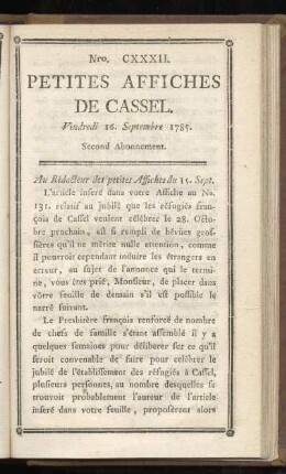 No CXXXII (Vendredi 16. Septtembre 1785)