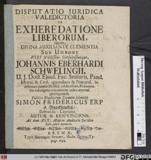 Disputatio Iuridica Valedictoria de Exheredatione Liberorum