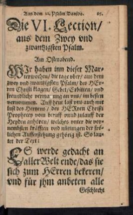 Die VI. Lection/ aus dem Zwey und zwantzigsten Psalm. Am Osterabend.