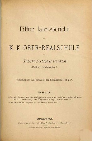 Jahresbericht der K.K. Ober-Realschule im Bezirke Sechshaus bei Wien. 11. 1884/85