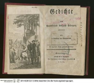 Gedichte / von Gottfried August Bürger. Mit 8 Kupfern von Chodowiecki, Titelblatt (Doppelseite) mit Illustration (links, Titelkupfer)