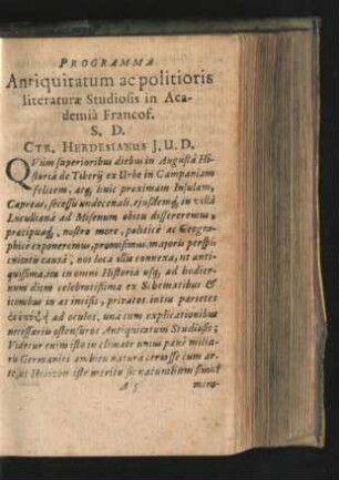 Programma Antiquitatum ac politioris literaturae Studiosis in Academia Francof.