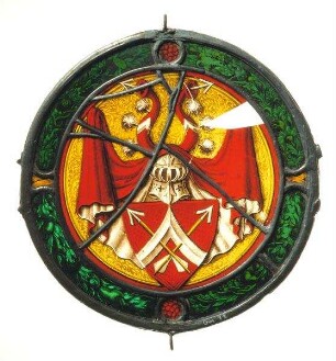 Wappenscheibe der Nürnberger Patrizierfamilie Meichsner, gerahmt von einem Blattkranz
