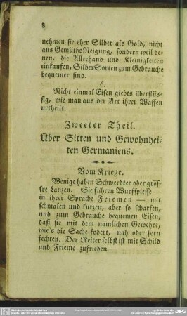 Zweeter Theil. Über Sitten und Gewohnheiten Germaniens