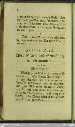 Zweeter Theil. Über Sitten und Gewohnheiten Germaniens