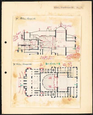 Stadttheater, Brünn: Grundriss und Längsschnitt