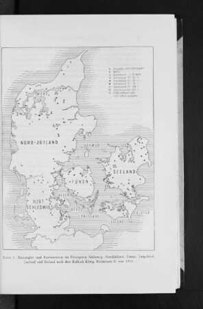 Karte 1 Kununglev und Patrimonium im Herzogtum Schleswig, Nordjütland, Fünen, Langeland, Laaland und Seeland nach dem Erdbuch König Waldemars II. von 1231
