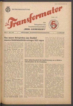 TRO-Betriebszeitung 'Der Transformator'; Nr. 16/1952 (Juli 1952)