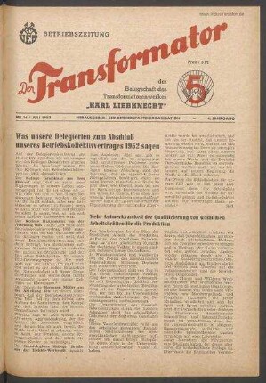 TRO-Betriebszeitung 'Der Transformator'; Nr. 16/1952 (Juli 1952)