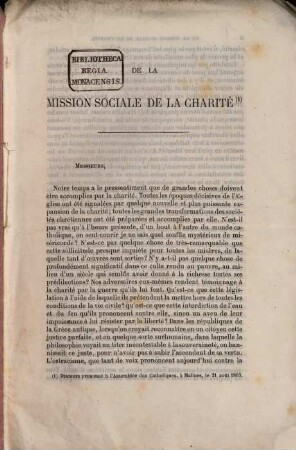 De la mission sociale de la charité : (Discours prononcé à l'Assemblée des Catholiques, à Malines, le 21 août 1863.)