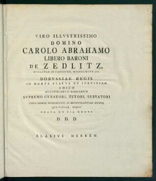 Viro illustrissimo domino Carolo Abrahamo libero Baroni de Zedlitz...