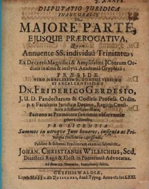 Disputatio Juridica Inauguralis De Majore Parte, Ejusque Prærogativa