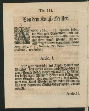 Tit. III. Von dem Kunst-Meister. Artic. I. - Artic. XII.