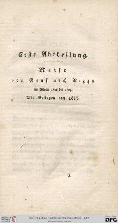 Erste Abtheilung: Reise von Genf nach Nizza im Winter 1806 bis 1807