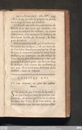 Chapitre XVI. S'il faut chanter, ou joüer des instrumens.