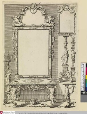 [Nouveaux Livre d'Ornements, Pour Lutillitée des Sculpteurs, et Orfevres; Entwürfe von einem Tisch, einem Spiegel und einem Kerzenhalter]