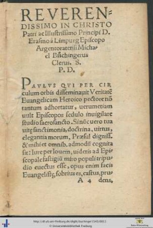 Domino Erasmo a Limpurg Episcopo Argentoratensi Michael Buochingerus Clerus Salutem Plurimum Dicit