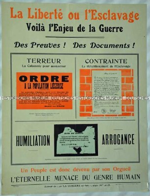 Französisches Kriegspropagandaplakat im Ersten Weltkrieg gegen die veröffentlichten Befehle des deutschen Staates in Belgien und Frankreich