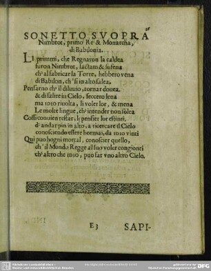 Sonetto Suopra Nimbrot, primo Re & Monarcha, di Babilonia