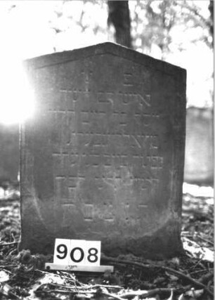 Grabstein 908 (Index: 99899387) Material: Sandstein Zustand: angewittert Maße HxBxT: 85x63x6 cm Beschreibung: Stele mit Dreiecksabschluss, im Dreiecksfeld Levitenkanne Symbolik: Levitenkanne: Grabstein 908